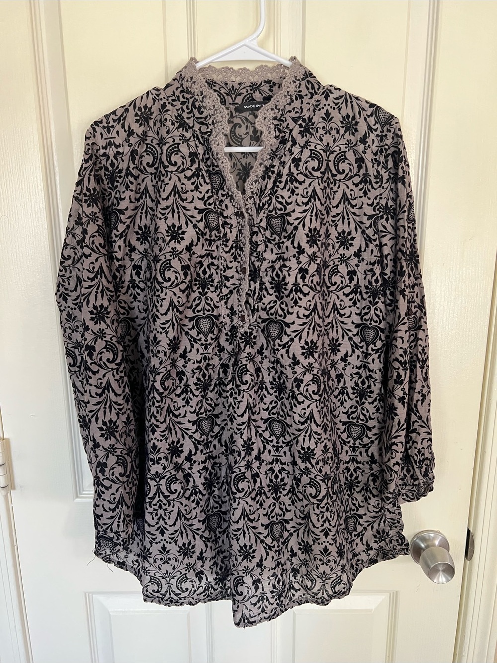 Made in Italy Silk Cotton Velvet Burnout Lace Trim Blouse XL 12 Boho Floral
